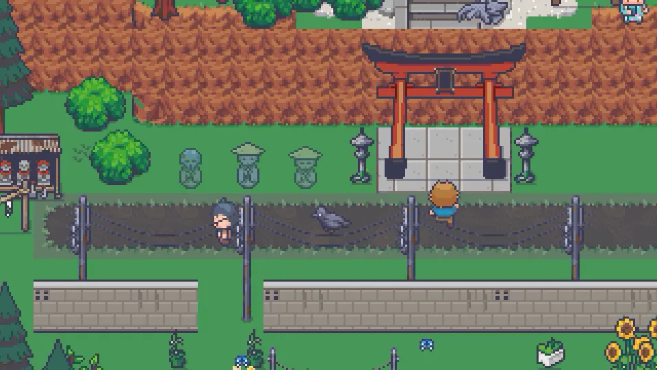 Haru walks along the lane below the shrine steps, and the stone Jizō statues appear one by one